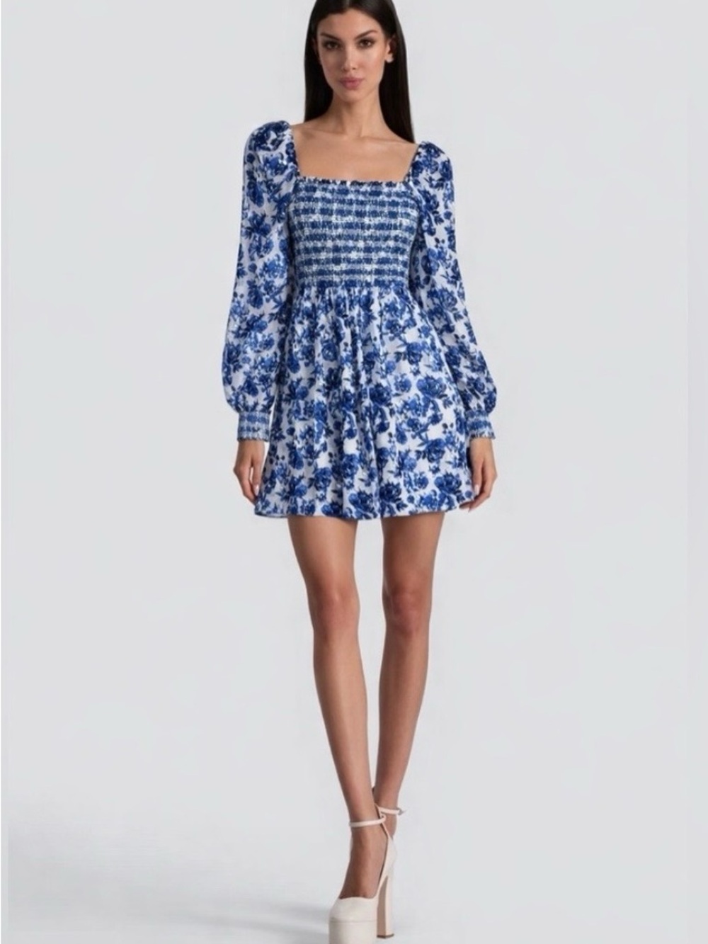 Alice + Olivia Cooper Smocked Silk Blend Mini Dress Blue Size 4